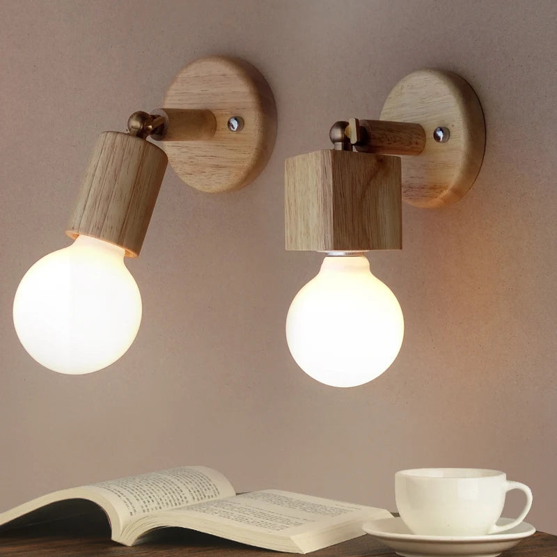 2Pcs Japanese Solid Wood Wall Lamps Modern Living Room Bedroom Bedside Aisle Lamps Bathroom E27 Rotatab Mirror Light