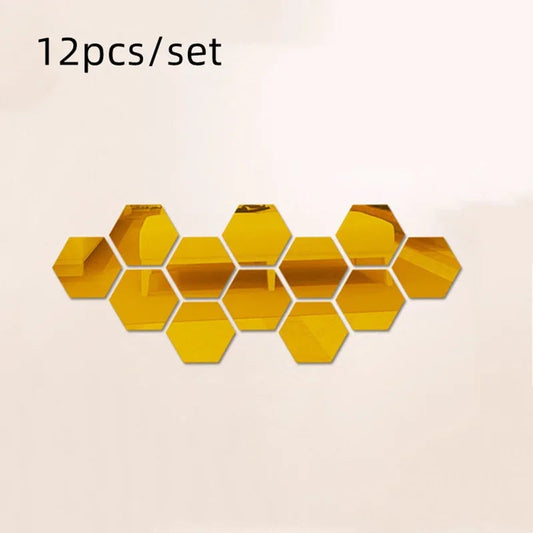 12Pcs Bedroom Art Wall Home Decor Mirror Hexagon 3D Mirror DIY Wall Sticker Stickers Decoration Decor Stickers Self Adhesive