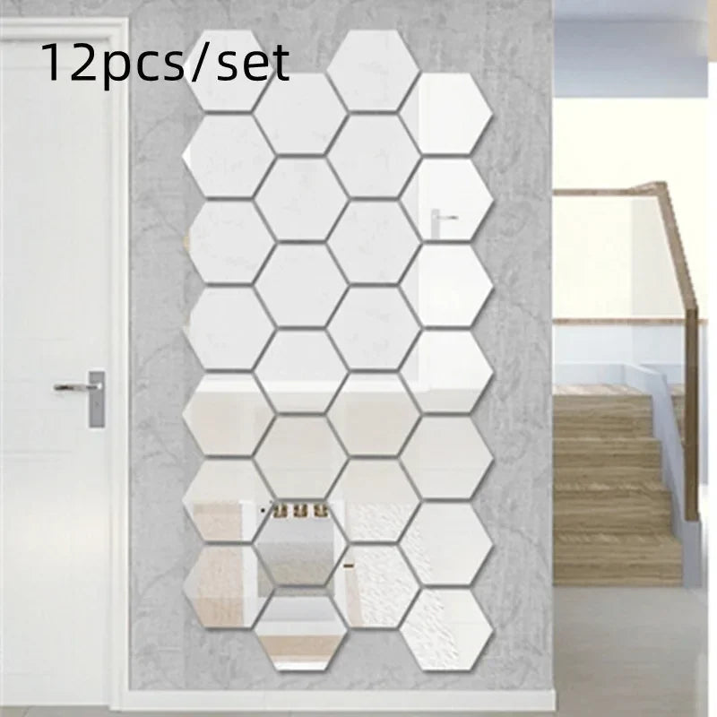 12Pcs Bedroom Art Wall Home Decor Mirror Hexagon 3D Mirror DIY Wall Sticker Stickers Decoration Decor Stickers Self Adhesive